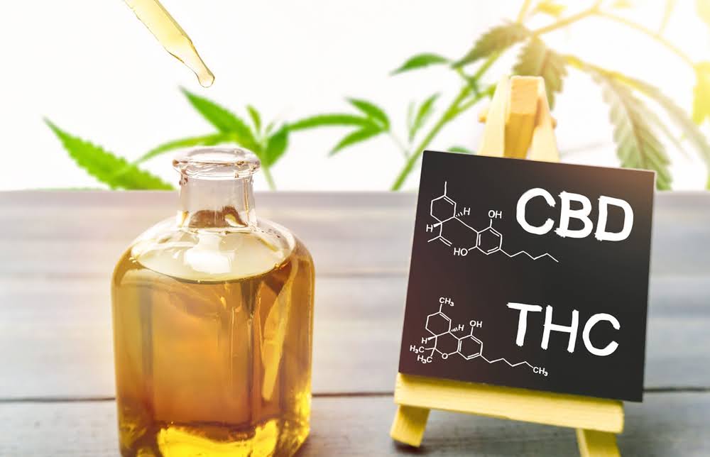 cbd oil next to a small blackboard with THC and CBD written on it in chalk