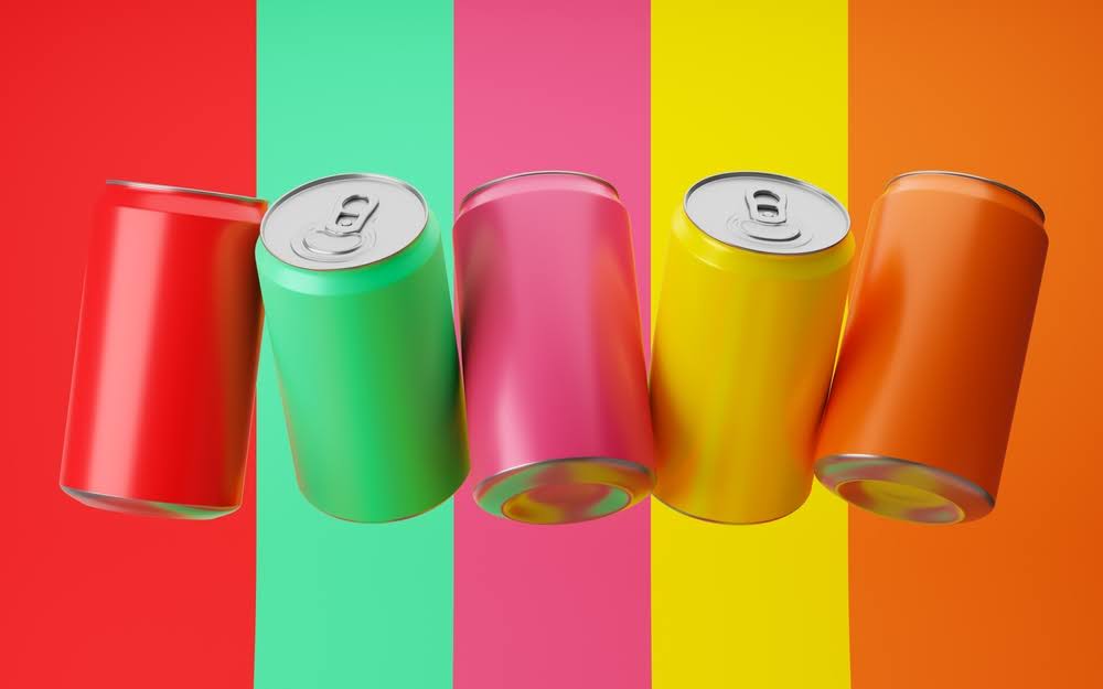 collection of colorful soda cans with matching color bars as a background