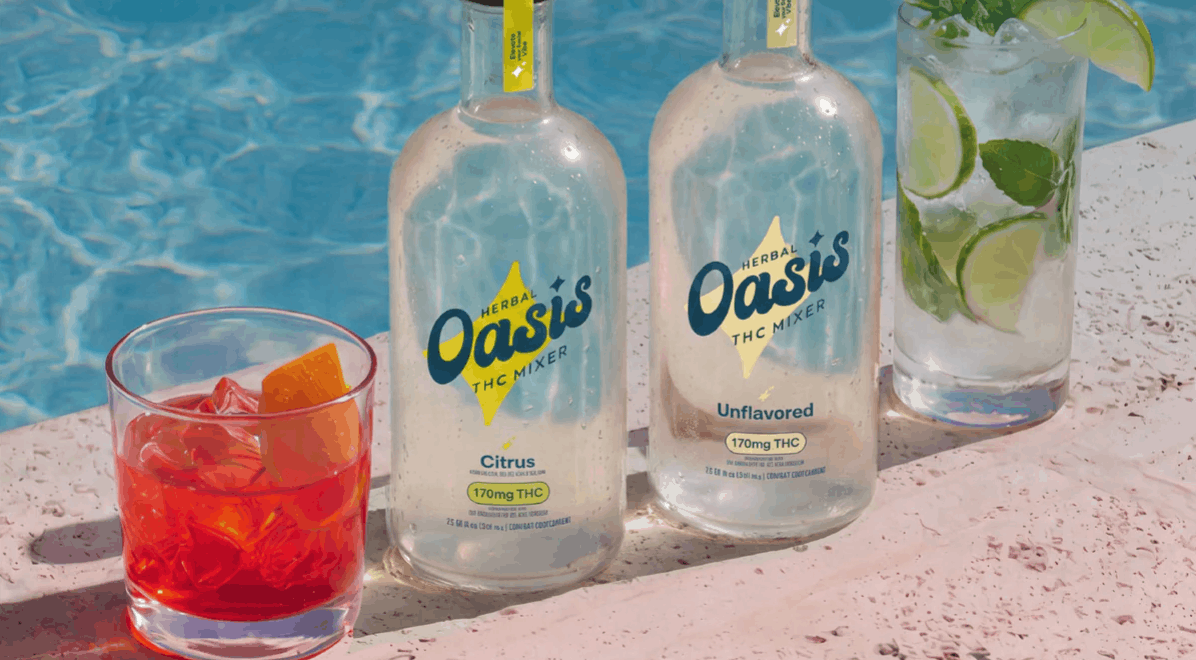 Oasis THC mixer bottles and mixed drinks along the edge of a pool