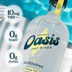 A clear glass bottle labeled 'Herbal Oasis THC Mixer' with a yellow accent label, shown against a bright blue and white background with promotional text reading '10mg THC per serving', '0g Sugar', and '0g Carbs'.; Flavor: Unflavored;