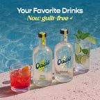 Two bottles of Oasis The Spirit non-alcoholic beer with lime and two glasses of cocktails on a poolside surface with blue water in the background. Text at the top reads 'Your Favorite Drinks Now guilt-free'.