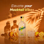 A bottle of Oasis Pro Miker citrus mocktail mixed drink with a glass of clear liquid, surrounded by fresh oranges and sliced oranges on a reflective surface, under warm tropical shadow lighting with the text 'Elevate your Mocktail Vibes' at the top.